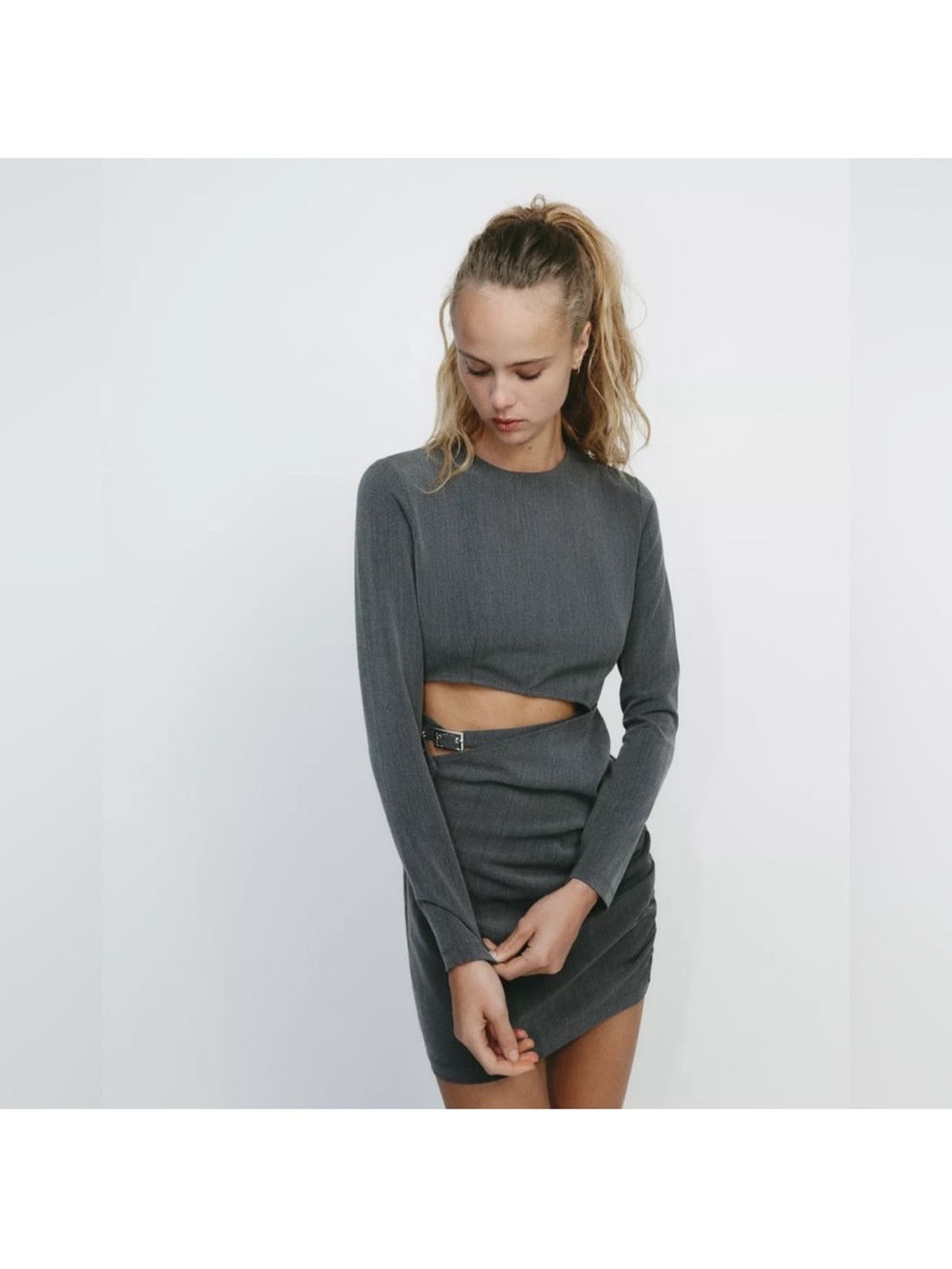 Zara Gray Cut-Out Belted Long Sleeve Mini Dress Medium